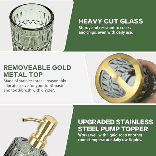Green Bathroom Accessories Set, 5Pcs Clear Glass Green Accessories with Lotion Soap Dispenser, Soap Dish, Toothbrush Holder, Tumbler, Cotton Swab Jar, Modern Bathroom Decor Crystal Vintage Gift - style: Shallowgreen