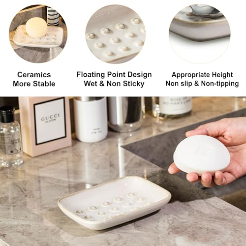 Miamolo Soap Dish for Shower, Ceramic Soap Dish Non-Slip Soap Holder Bar Saver Tray for Bathroom Kitchen Sink, Floating Point Design Save Soap Loss - color: Beige, size: Floating Point Design