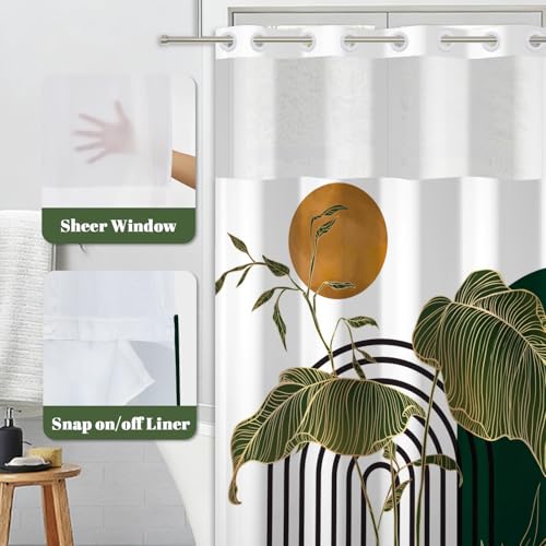 No Hook Shower Curtain with Snap in Liner Set, Modern Botanical Tropical Leaf with Abstract Arch Print Shower Curtains for Boho Art Deco Bathroom, Mesh Top Waterproof Bath Curtain, 71x74 Inch - color: Boho Tropical Leaf