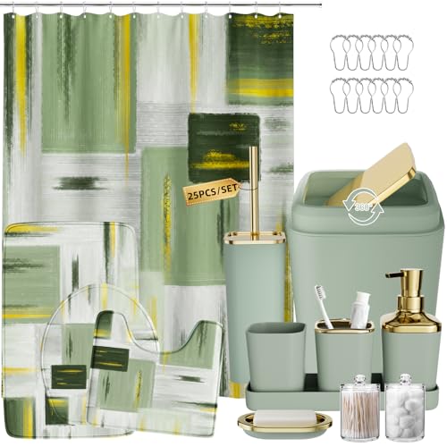 XLHOMO Bathroom Set - Sage Green Bathroom Accessories Set, Bathroom Sets with Shower Curtain and Rugs, Sage Green Shower Curtain Set with Bathroom Trash Can, Soap Dispenser, Soap Dish for Home Decor - color: Plaid Sage Green & Gold, size: Complete Set + B