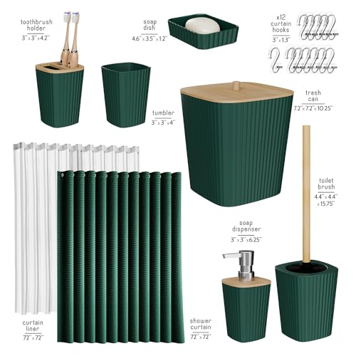 Clara Clark Bathroom Accessories Set - Bathroom Set, Bathroom Accessory Set, Shower Curtain Set, Toilet Brush, Trash Can & Soap Dispenser - Green - 20PC - color: Hunter Green, size: Complete Set