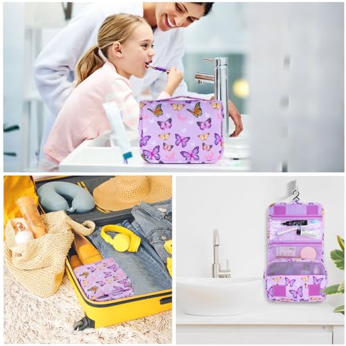 Kids Hanging Toiletry Bag for Girls, Travel Toiletry Bag for Little Young Girls Cosmetic Makeup Waterproof Wash Bag Toddler Traveling Toiletries, Butterfly Purple - color: Butterfly-Purple