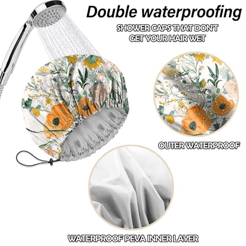 2 PCS Shower Cap Reusable Waterproof Double Layers Hair Caps Shower Bath Adjustable Elastic Hat for Women Girls Cute Aesthetic-Orange Flower - color: AI15-Orange Flower