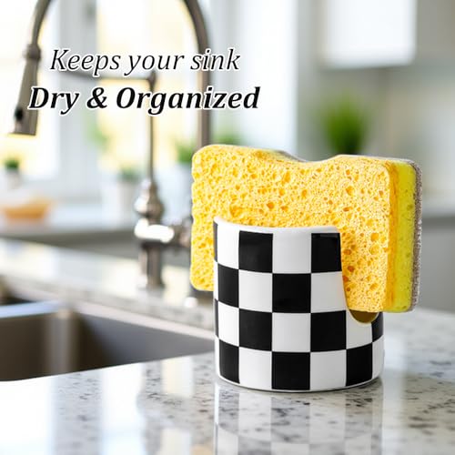 Kitchen Sink Cute Ceramic Checkered Sponge Holder, Dish Sponge Rack Brush Holder Organizer, Farmhouse Kitchen Decor Dish Rack for Brush, Scrubbers, Bathroom, Sink (Black-white) - color: Black-white