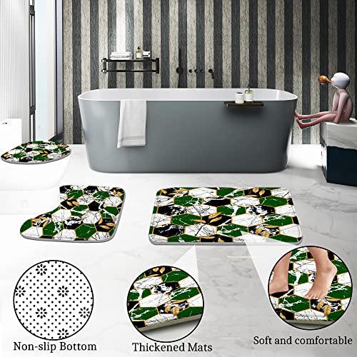 Poedist Shower Curtain Set with Rugs,Bathroom Accessory Set, Including Non-Slip Rugs,Toilet Lid Cover and Bath Mat, Waterproof Shower Curtain with 12 Hooks,Green and White Honeycomb Marble - color: Green White