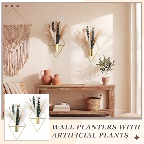 Canlierr 4 Pcs Gold Wall Decor Hanging Planters with Artificial Plants Eucalyptus Pampas Grass Metal Hanging Vase Indoor Plants Holder Modern Boho Wall Art for Bathroom Bedroom Living Room Decor - color: Gold, size: Pampas Grass, Eucalyptus