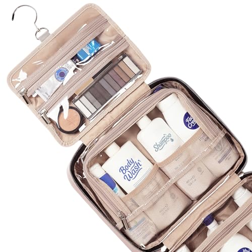 NISHEL Travel Toiletry Bag for women, Portable Hanging Organizer for Full-Sized Shampoo, Conditioner, Brushes Set, Makeup Accessories, Large Size, Pink - color: Pink, size: Large