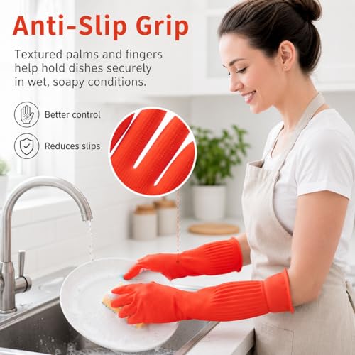 ThxToms Dishwashing Gloves, 2 Pairs Fleece Lined Rubber Dish Gloves for Washing Dishes, Waterproof Reusable Kitchen Cleaning, Long Cuff Anti Slip,Large - size: Large (Pack of 4)