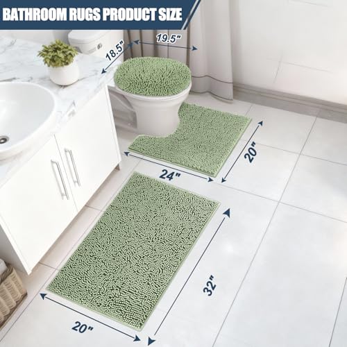 Bathroom Rugs Sets 3 Piece with Adjustable Toilet Seat Cover 19.5"x 18.5" Machine Washable Bath Rug Set with TPR Non Slip Rubber Backing Solid Bath Mat Set for Luxury Bathroom Decoration - color: Sage Green