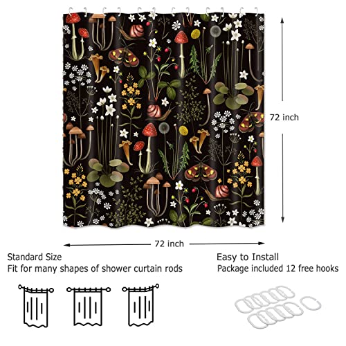 Retro Mushroom Shower Curtain for Bathroom, Fairy Forest Flowers Plants on Black Background Bath Curtains, Vintage Botanical Fabric Shower Curtain Sets with Hooks 72 x 72 - color: Red Black, size: 72"W x 72"L (Pack of 1)