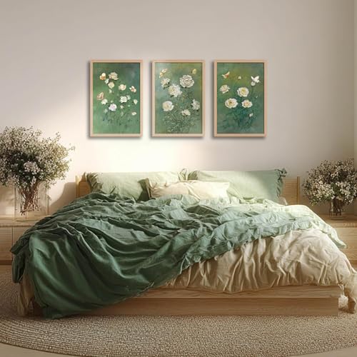 3Pcs Vintage Botanical Flower Framed Canvas Wall Art Abstract Green Floral Butterfly Painting Prints Poster, Rustic Cottage Garden Picture Decor for Living Room Bedroom Bathroom Home 16x24in - color: Abstract Green Floral Butterfly, size: 16x24 Inches