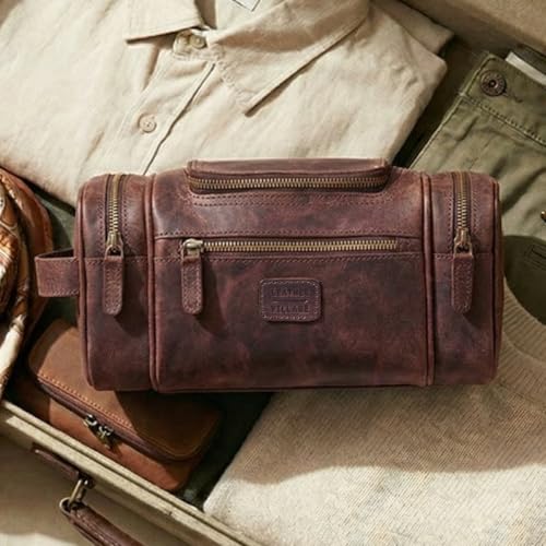 LEATHER VILLAGE Genuine Leather Travel Dopp Kit for Men & Women – Water-Resistant Large-Capacity Hanging Toiletry Bag for Travel, Grooming, Bathroom Organization, Shaving Essentials & Gym Use - Cherry - color: Cherry
