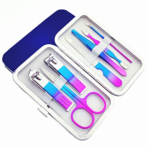 QURIPE 7pcs Manicure Set, Nail Clippers Kit, Stainless Steel Manicure Kit, Nail Clipping Tools Portable Travel Grooming Kit, The Best Gift with Luxurious Case(Multicolor) - color: Rainbow