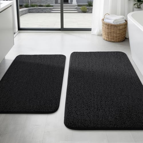 YIHOUSE Memory Foam Bathroom Rugs Sets 2 Piece - Extra Thick Soft Towel-Like Absorbent Bath Mat Set, Non Slip Machine Washable Bath Rugs Carpet for Bath, Tub & Shower (32"x20"+24"x17", Black) - color: Black, size: 1'5" x 2' (17"x24"+20"x32")