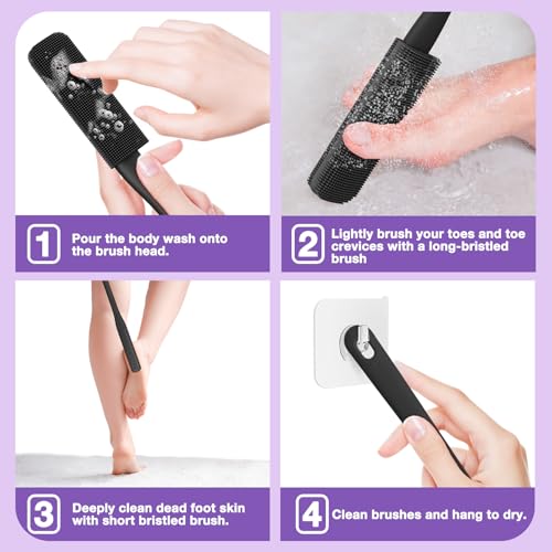 Pack of 3 Silicone Toe Cleaning Brush,Soft Brush Foot Scrubber Long Handle Bathroom Shower Bath Brush Wet and Dry Use for Seniors,Elderly, Men and Women (Black) - color: Black