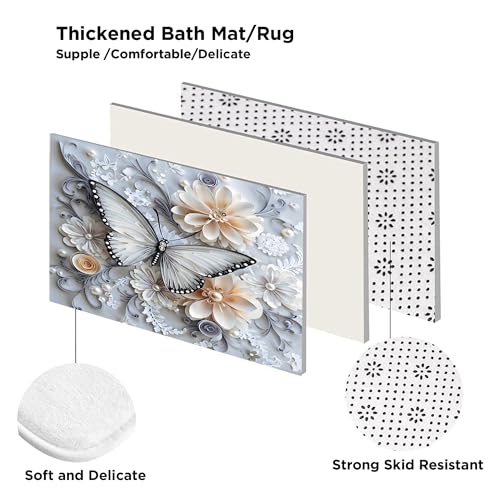 DDQQ 4Pcs Shower Curtain Sets, Blue White Butterfly Bathroom Curtains Shower Set, Bathroom Decor Sets, Shower Curtain for Bathroom with Rugs, Toilet Lid Cover, Bath Mat and 12 Hooks, 71 x 71 Inches - color: Blue and White