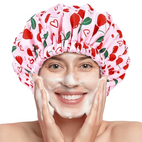 Shower Cap for Women Terry Lined Bath Cap Large Reusable Waterproof Elastic Band Pink Cherry Shower Caps for Long Thick Hair Soft Bath Shower Hair Caps - color: Pink Cherry Heart