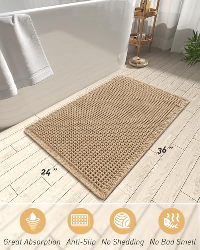 AMOAMI Upgraded Waffle Bath Mat, Super Absorbent Non Slip Bath Mats for Bathroom Floor, Machine Washable Bathroom Rugs with Tassels, Rubber Backed Bathroom Mat, Ultra Soft, Brown, 24" x 36" - color: Brown, size: 2' x 3' (Rectangular)