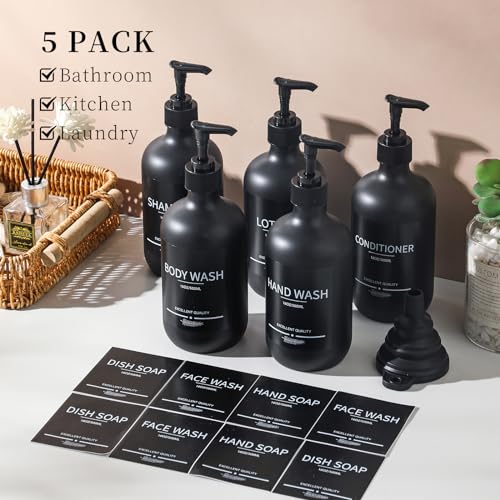 Reusable Shampoo and Conditioner Bottles (5Pack Matte Black) Plastic 16.9oz Dispenser for Conditioner,Shampoo Containers for Shower - color: Matte Black