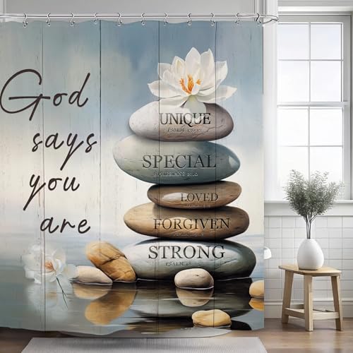 Zen Spa Shower Curtain 60Wx72L Inch Meditation Quotes Motivational Inspirational Positive Bible Christian Bathroom Set Accessories Decor with 12 Pack Hooks - color: Zen Spa, size: 60"W x 72"L (Pack of 1)
