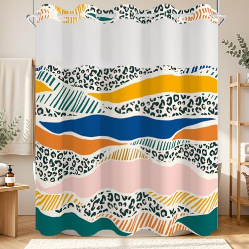 No Hook Shower Curtain with Snap in Liner Set FYLX00225 - color: Leopard Stripe Wave