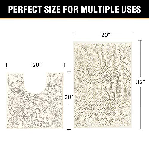 H.VERSAILTEX Bathroom Rugs Luxury Chenille Mat Set, Soft Plush Shower Rug + Toilet Mat, Microfiber Shaggy Carpet, Super Absorbent Mats, Machine Washable Bath Mat Curved Set, 32" x 20"/20" x 20", Cream - color: Ivory, size: 20" x 32" Plus 20" x 20"