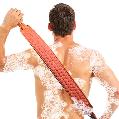 Back Scrubber for Shower with Handles, 40 Inch Extra Long Double-Sided Exfoliating Bath Strap, Textured Body Washer with Extended Reach for Deep Cleaning (Red) - color: Red