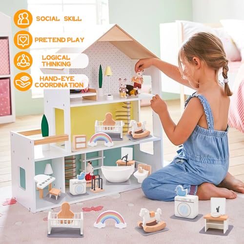 HAPGFS Wooden Dollhouse Furniture Set Elegant Kid’s Room & Bathroom Doll House Accessories, Premium Wood Toys for 3-6 Year Olds, Dollhouse Decor Set for Girls & Boys Birthday Christmas - style: Kid's & Bathroom