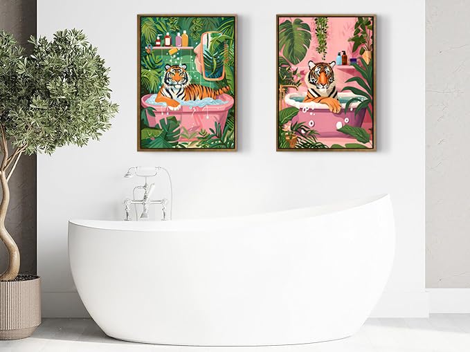ARTZIO Framed Canvas Wall Art–Whimsical Tiger in Bathtub Jungle Bath Decor,Funny Animal Wall Art for Bathroom,Living Room & Home Office–Set of 2 (16"x24") - color: 2-PCS-3, size: 16"x24"