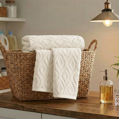 Artoid Mode 2 Pcs Beige 3D Diamond Grid Jacquard Hand Towels for Bathroom, 100% Cotton Soft Absorbent Bathroom Decor Towels, 13.7 x 29.5 Inch - color: Beige, size: 13.7" x 29.5", 2PCS