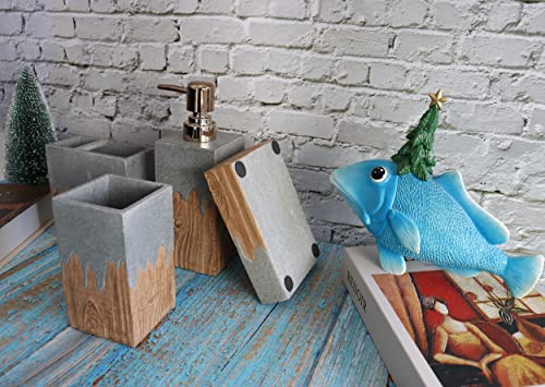 Hymmah Bathroom Accessories Set,Wooden Design Toothbrush Holder,Farmhouse Bathroom Decor,4 Pcs Resin Gift Set Apartment Necessities, Contain Toothbrush Cup,Soap Dispenser,Soap Dish,Tumbler - color: Wooden Design Grey