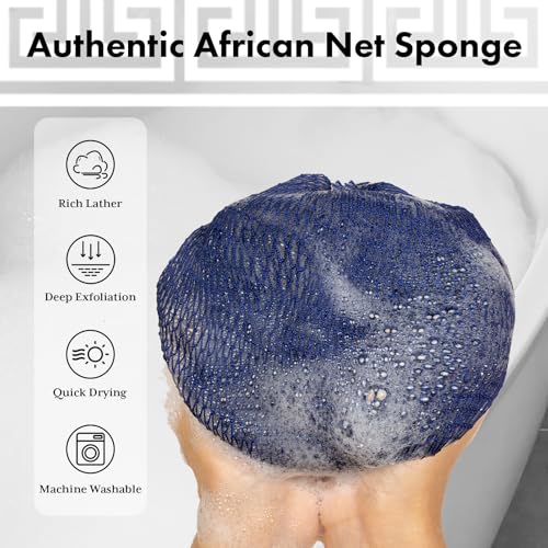Bathway African Net Sponge Authentic with Handles (Set of 2), African Exfoliating Net Sponge, Exfoliating Body Scrubber Bath Sponge - Bathing Accessories with Storage Bag (Blue & Black) - color: Blue & Black