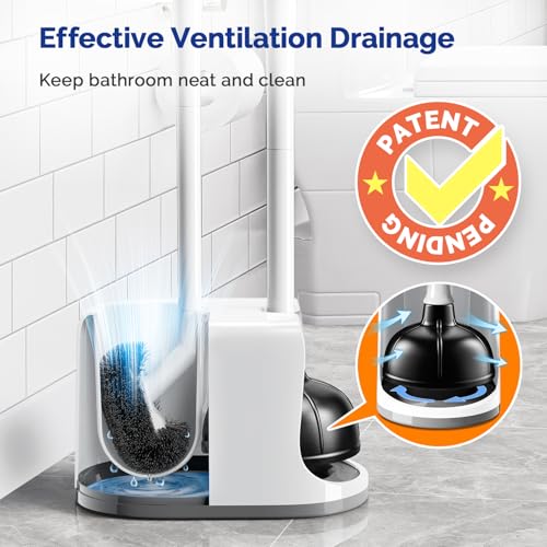 HAMITOR Toilet Plunger Bowl Brush Combo：Heavy Duty Rubber for Drain Clog Remover - Curved Design Bristles for Deep Cleaning Under Rim - Compact Bathroom Cleaning Tools for New Homet Essentials - White - color: A-white, size: 1 pack