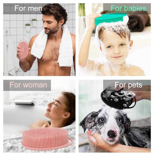 3 Pack Silicone Body Scrubber, Silicone Loofah Exfoliating Soft Body Scrubber, Silicones Body Brush Bath Shower Scrubber for Body, 2 in 1 Bath and Shampoo Wash Brush for Skin Exfoliation Men Women - size: With Handle Black+Pink+Green