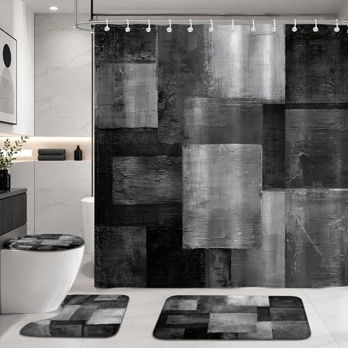 4Pcs Abstract Black Grey Shower Curtain Set, Beige Brown Grey Modern Bathroom Shower Curtain with Rugs and Accessories, with Non-Slip Rugs, Toilet Lid Cover and Bath Mat for Bathroom Decor Set - color: Black Grey