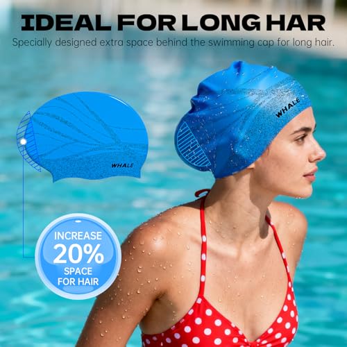 WHALE Extra Large Swim Cap Designed for Men and Women with Thick, Long Hair, Hair Extensions Or Afro-Textured Hair Long-Hair Swim Cap Highly Waterproof to Keep Hair Dry - color: Muted blue