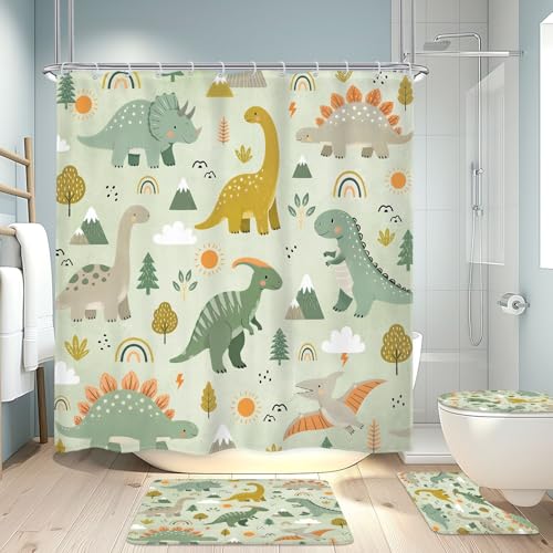 4PCS Kids Dinosaur 71Wx71H Inches Green Plant Leaves Botanical for Boys Shower Curtain Sets with Rugs, Toilet Lid Cover and Bath Mat, Cute Bath Accessories Art Home Decor Fabric 12 Pack Hooks - color: C2-green