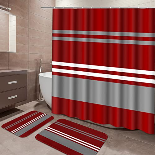ArtSocket Red Bathroom Set with Shower Curtain and Rugs and Accessories, Burgundy Stripes Grey Shower Curtain Set, Modern Boho Bathroom Decor 3 Pcs - color: Modern 11