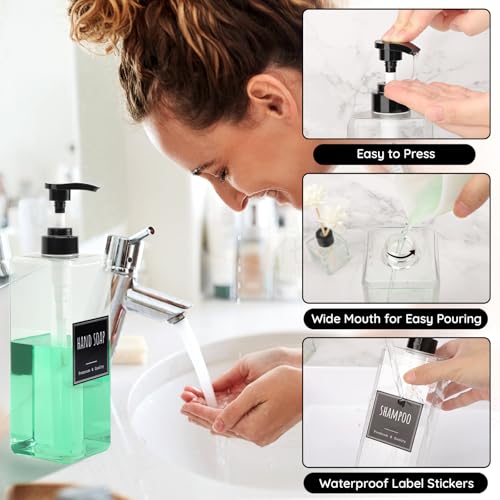 Segbeauty 33.8oz Clear Large Plastic Soap Dispenser Bathroom, 4pcs Large Capacity Refillable Shampoo and Conditioner Dispenser, 1000ml Body Lotion Bottle, Square Empty Cream Pump Bottles with Labels - color: Clear, style: 4pcs