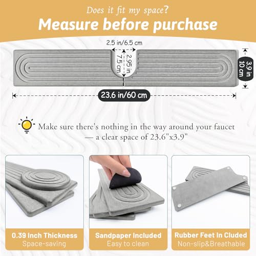 Diatomite Sink Faucet Splash Guard U Shape, 24" Large Stone Sink Tray, Modern Faucet Handle Drip Catcher Stone, Durable Faucet Draining Mat Protector for Kitchen Bathroom Island Counter, Light Grey - size: 23.6" x 3.9"