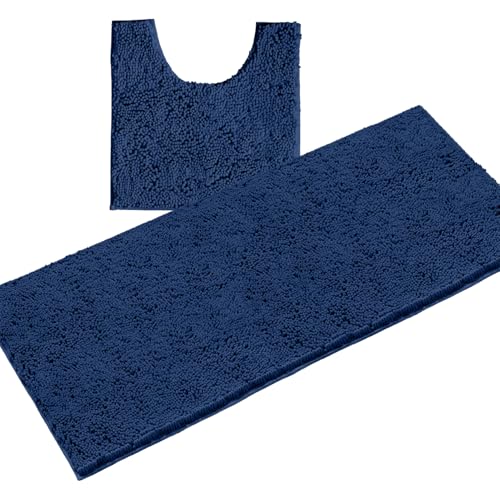 LuxUrux 2-Piece Bathroom Rug Set – Plush Chenille Runner & U-Shaped Toilet Mat, Soft, Absorbent & Non-Slip Design (20x20 U & 27x47 inches, Blue) - color: Blue, size: 2 Piece Set - X Large