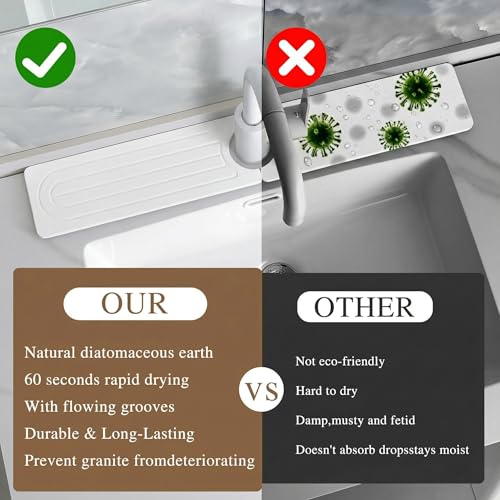 Diatomite Faucet Mat for Kitchen Sink, Quick-Dry Stone-Like Sink Mat, Flat Lay Absorbent Countertop Drying Mat for Faucet Area, Hard Diatomite Mat, White, 23.6 x 4 in - color: White2