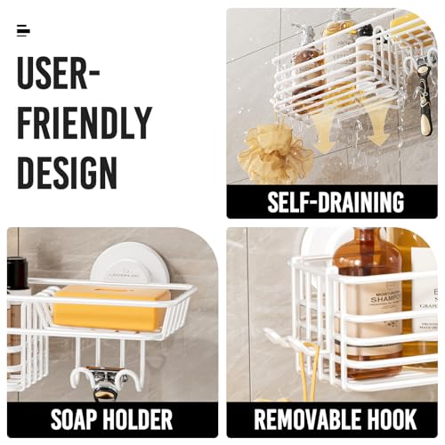LEVERLOC Shower Caddy Suction Cup, Heavy Duty Bathroom Organizer | Shower Organizer for Inside Shower with Hooks & Soap holder, NO-Drilling Bathroom shelves-White - color: 1 × White