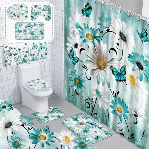 FuWeave 8 Pcs Rustic Farmhouse Shower Curtain Sets for Bathroom Daisy Floral and Butterfly Shower Curtain Sets with Rugs, Flowers Towels, Non-Slip Rug, Toilet Lid Cover, Bath Mat and 12 Hooks(Teal) - color: Daisy