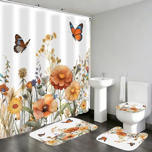 DDQQ 4Pcs Yellow Floral Shower Curtain Set Butterfly Bathroom Sets with Rugs, Flower Shower Curtain with 12 Hooks Bathroom Decor with Rugs Bath Accessories with Mats Toilet Lid Cover - color: Brown