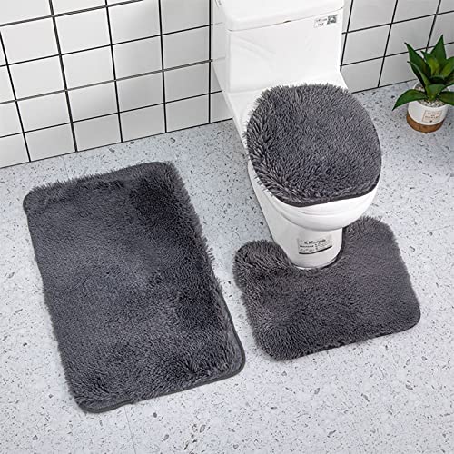 Ultra Soft Non Slip Bath Rug Set - 3 Piece Absorbent Chenille Bathroom Mat for Tub, Shower, Toilet Floor - Plush Solid Color (Grey) - color: Grey