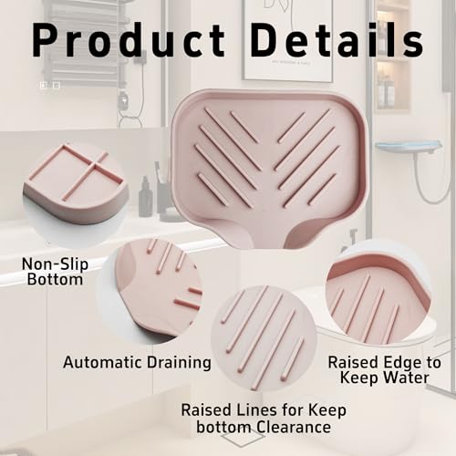 4.9” x 3.9” Silicone Soap Dish with Self-Draining Spout, Multi-Purpose Kitchen Bathroom Sink Organizer Tray for Bar Soap, Sponge, Dispenser Bottle Counter Storage, Pink - color: Pink, size: 4.9” x 3.9”