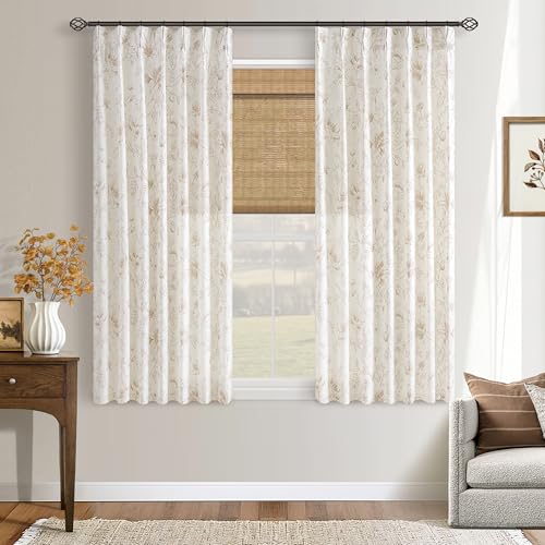 Pinch Pleated Floral Linen Curtains 63 Inch Length 2 Panels Short French Country Semi Sheer Pleat Coffee Flower Print Patterned Curtain for Dining Living Room Bedroom Back Tab Botanical Window Drape - color: Coffee, size: 40"W x 63"L (Pack of 2)