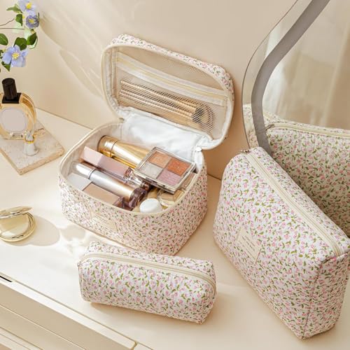 HBselect Quilted Makeup Bag, 3PCS Cotton Large Travel Makeup Bag, Cute Floral Coquette Make up Bag Cosmetic Bag Toiletry Bag for Women Girls - color: A-3PCS-Floral 17