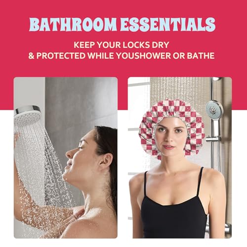Luxury Shower Cap Satin Lined Reusable Waterproof Double Layer Elastic Adjustable Hair Bath Cap Cute Aesthetic Women Girls-Pink Checkered - color: F14-Pink Checkered
